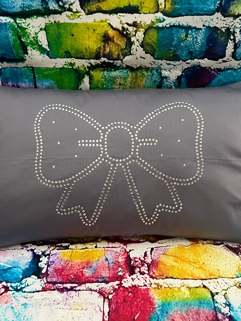 Gray Decorative Pillow with Rhinestone Bow Accent [40R]